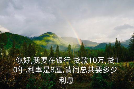 你好,我要在銀行 貸款10萬(wàn),貸10年,利率是8厘,請(qǐng)問(wèn)總共要多少 利息