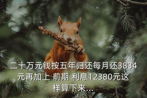 二十萬元錢按五年歸還每月還3834元再加上 前期 利息12380元這樣算下來...