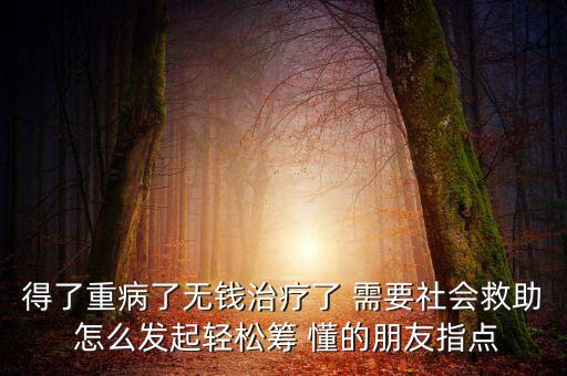 得了重病了無(wú)錢(qián)治療了 需要社會(huì)救助 怎么發(fā)起輕松籌 懂的朋友指點(diǎn)