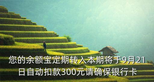 您的余額寶定期轉(zhuǎn)入本期將于9月21日自動(dòng)扣款300元請(qǐng)確保銀行卡